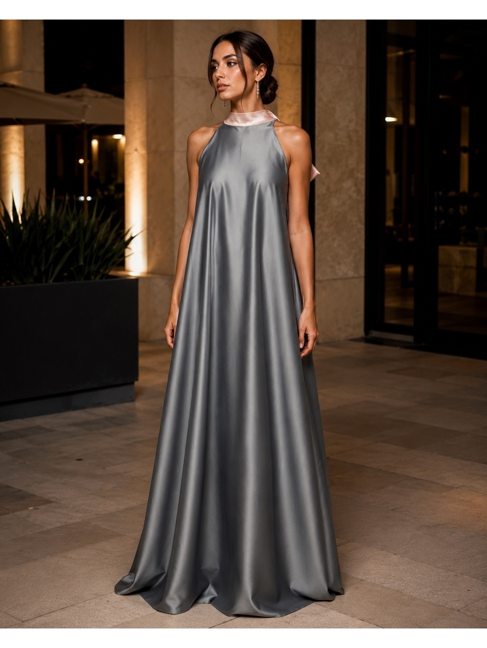 Charcoal High Neck Blush Bow Back Satin Formal Maxi Dress - Picture 4 of 9